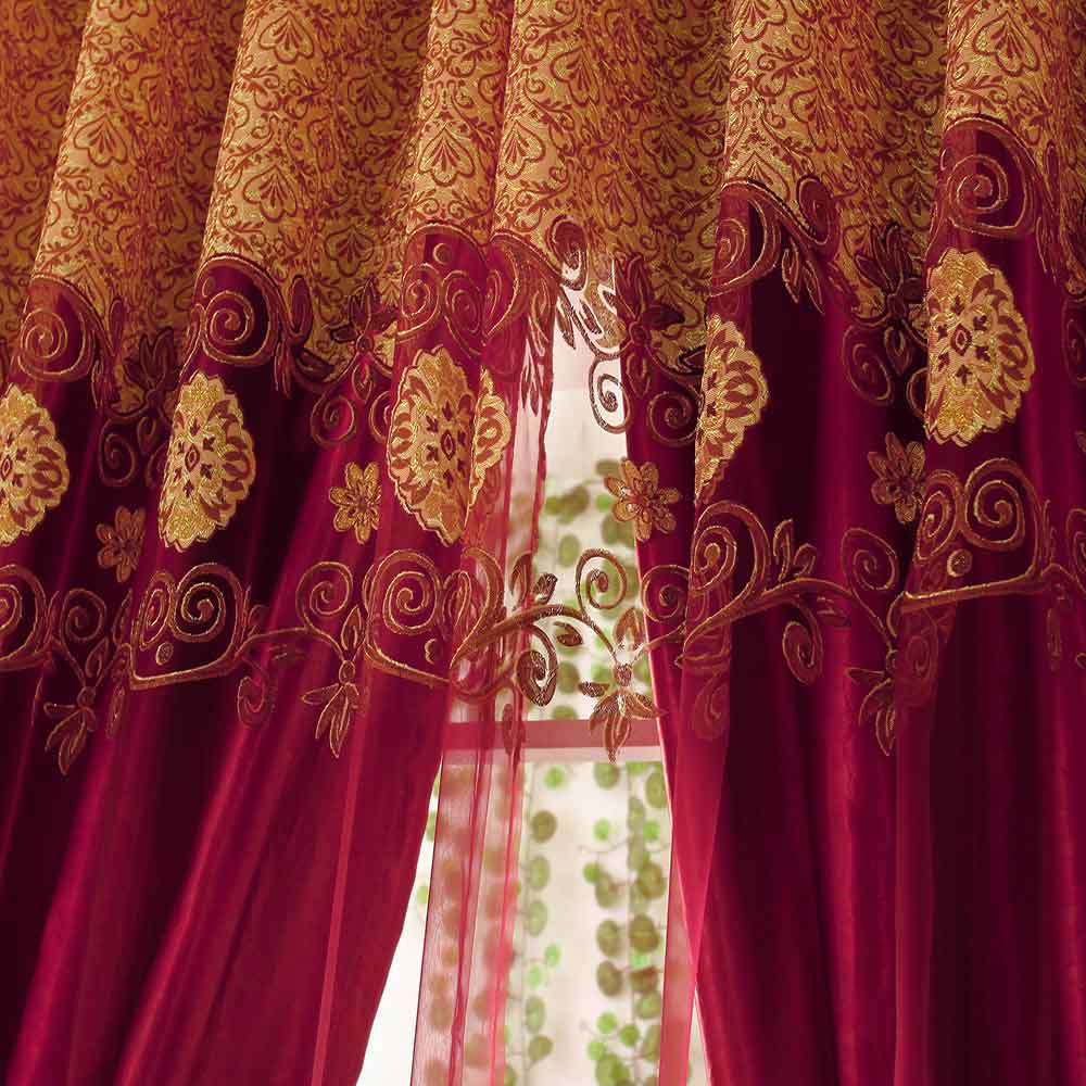 Classical Red Pattern Shading Sheer Beads Polyester Curtain