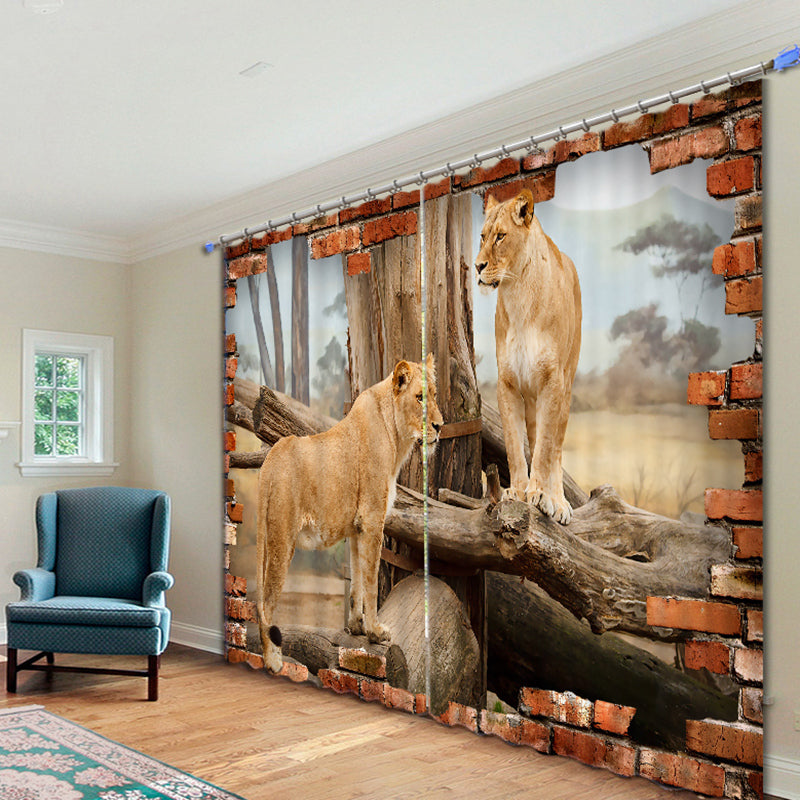 3D Couple Lions Standing on the Wood Printed Animal Style Polyester Custom Curtain