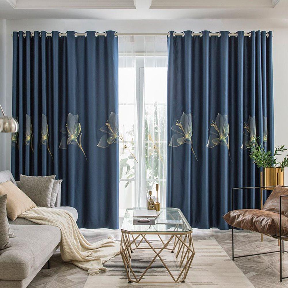 Modern Simple Blue Floral Shading Curtains for Living Room Bedroom Blackout Curtain Custom 2 Panels Drapes Decoration No Pilling No Fading No off-lining Heat insulation Sun Protection