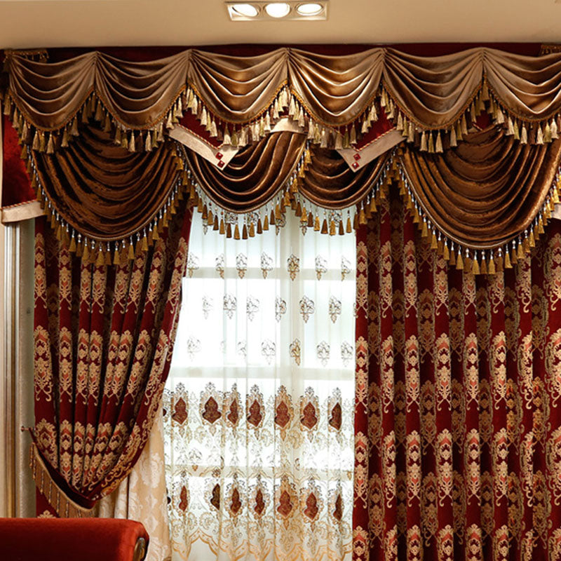 Luxury Thick Chenille Blackout Curtains Burgundy Embroidery Shading Curtain Sheer Valance Living Room Bedroom Curtains Made to Measure 2 Panles