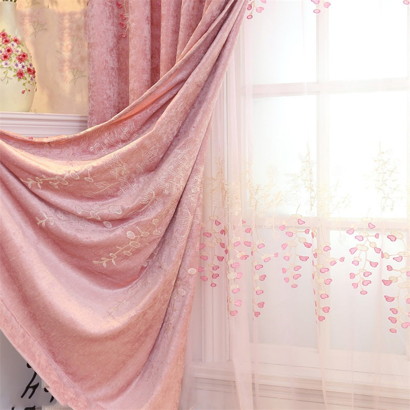 Romantic Pink Color Pastoral Style Embroidered Shading Curtain and Sheer for Bedroom Living Room Finished Product Shading Cloth