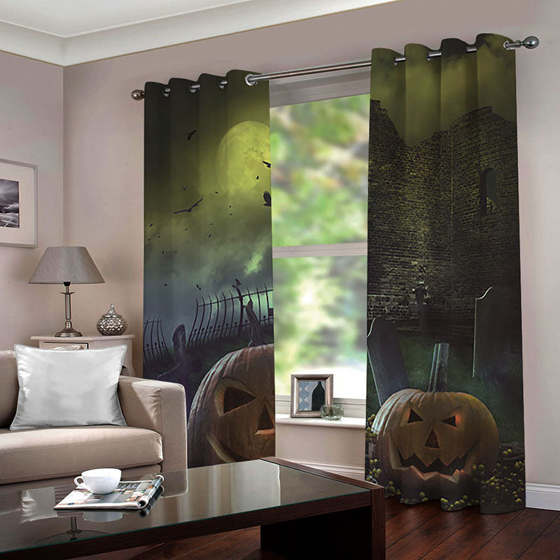 3D Green Halloween Night Pumpkin Printed Blackout Decoration Window Curtains for Living Room and Bedroom Custom 2 Panels Drapes No Pilling No Fading No off-lining