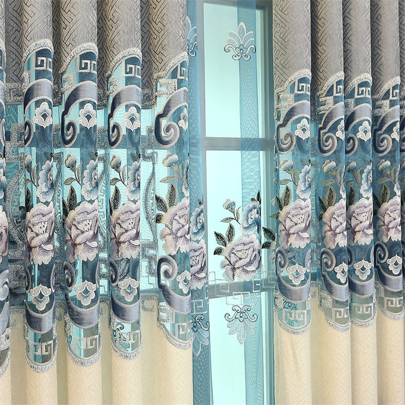 Blackout Curtain Elegant and Cozy Light Blue Embroidered Shading Curtain Flowers Hollowed-out Designing Living Room Curtain