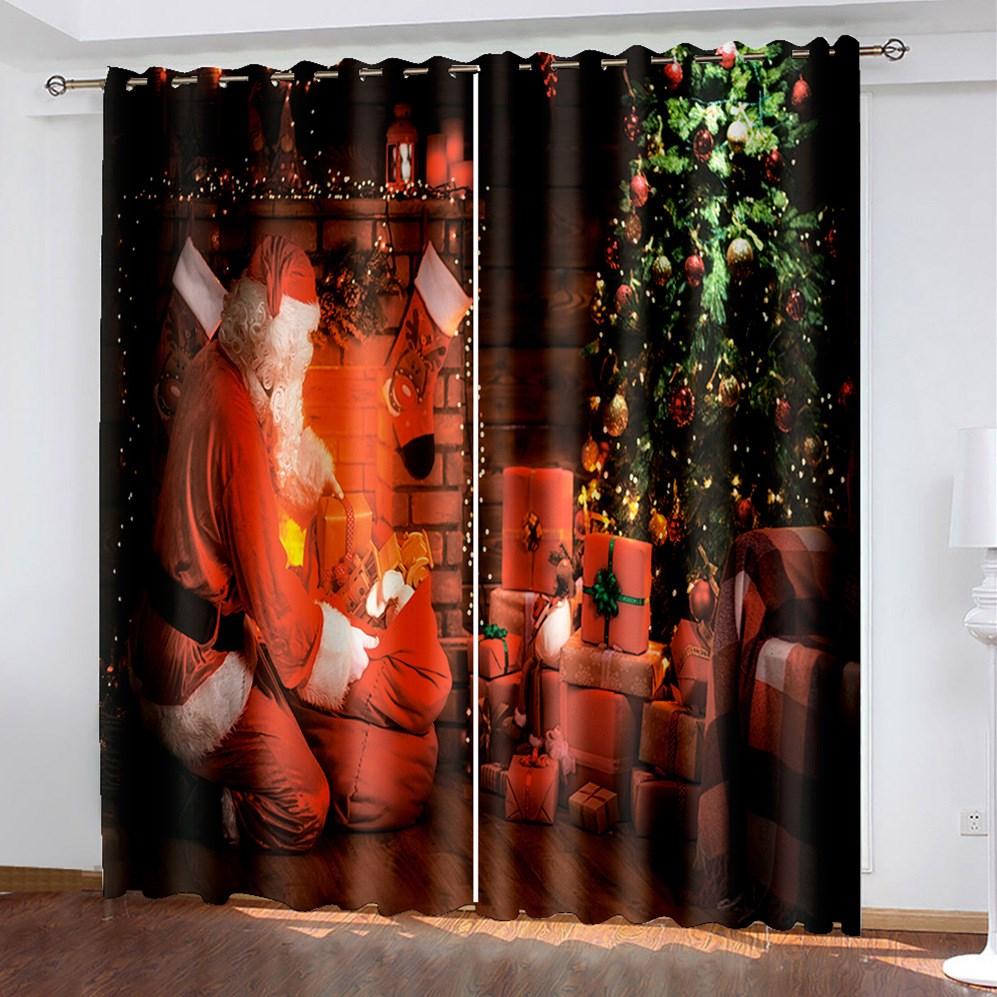 Christmas Gift 3D Window Curtains Santa Claus and Christmas Tree Print Blackout Curtains for Living Room Bedroom Window Drapes Chirstmas 2 Panels Set