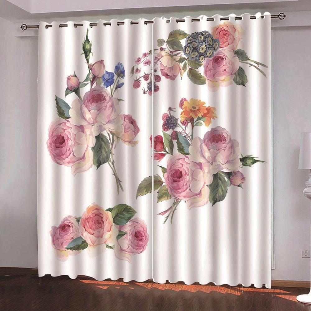 Pink Roses Curtains 3D Floral Themed Curtains Drapes 2 Panel Set for Living Room Bedroom Decoration Window