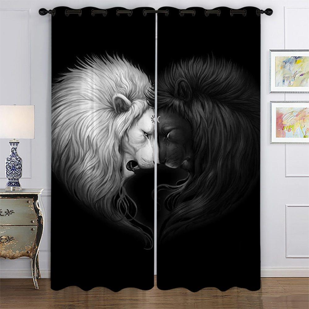 Creative Black 3D Printed Blackout Curtains Two Lions Custom 2 Panels Drapes for Living Room Bedroom Decoration No Pilling No Fading No off-lining Heat insulation Sun Protection Waterproof Polyester