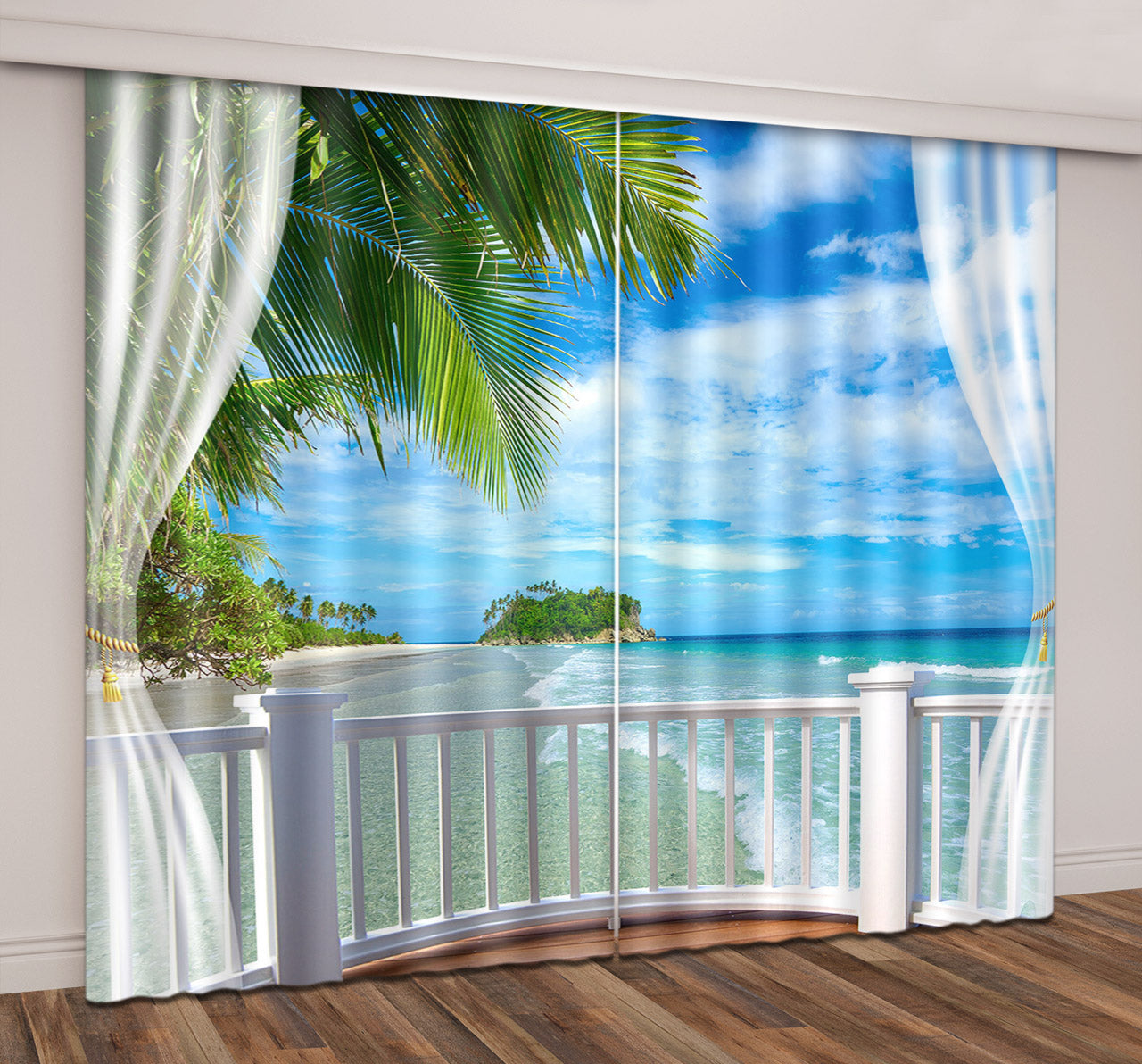 3D Seaside Beach Blue Sky White Cloud Printed Curtain