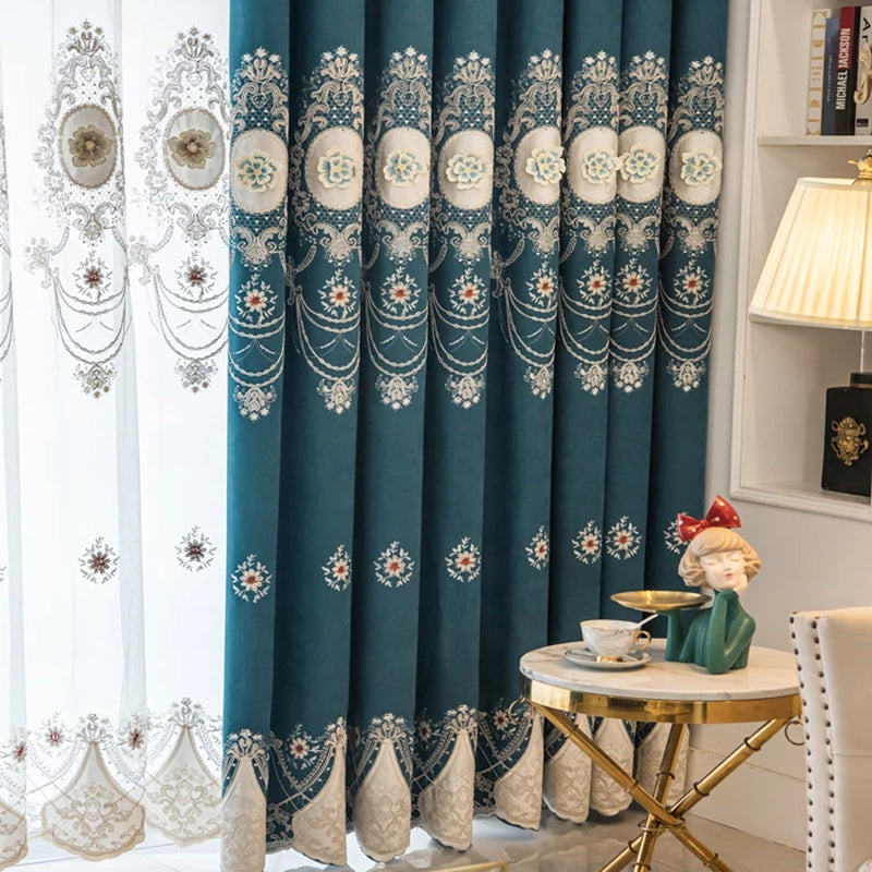 Chenille Elegant Blackout Curtains High Quality Blue European Relief Embroidery Window Curtains Sheer for Living Room Bedroom Custom Set of 2 Panels