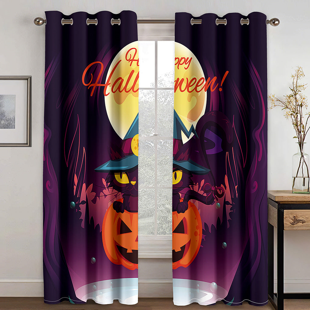 Halloween 3D Printed Curtains Pumkin Moon Cat Black Blackout Decoration Window Shading Curtain Custom 2 Panels Drapes Polyester