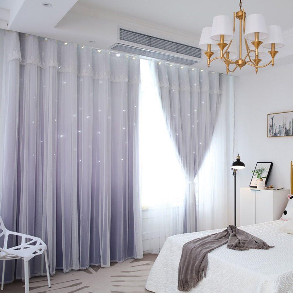 Romantic Princess Color Gradient Star Hollowed-out Custom Blackout Curtain Cloth and Sheer Sewing Together Curtain Set