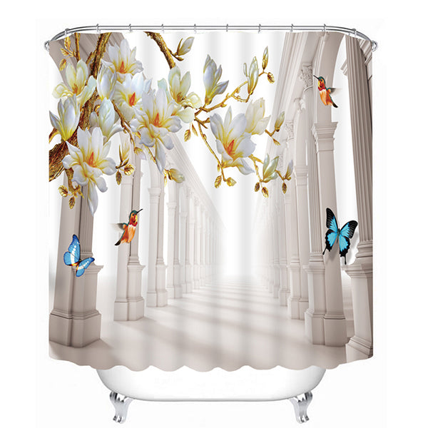 3D Colorful Butterflies and Peach Tree Printed Polyester Waterproof Antibacterial Bathroom Shower Curtain