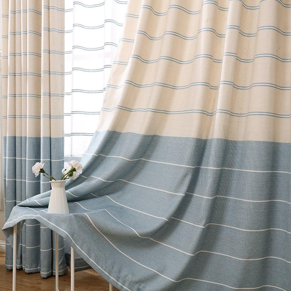 Nordic Style Striped Blue Shading Window Curtains Chenille Hook Blackout Curtains Custom 2 Panels Drapes for Living Room Bedroom Decoration Linen