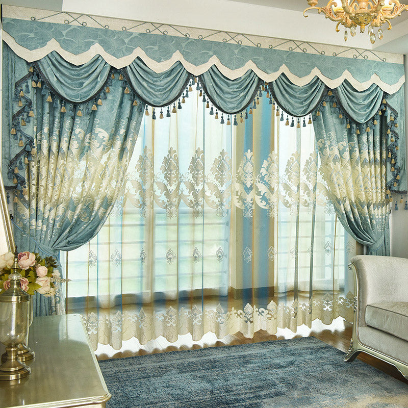 Noble Luxuriant Blue Green Chenille Embroidered Blackout Custom Grommet Curtains and Sheer