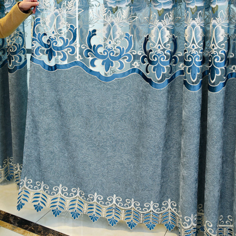 European Vintage Blackout Curtains High Quality Elegant Blue Chenille Embroidery Window Curtains Sheer for Living Room Bedroom 2 Panels Drapes