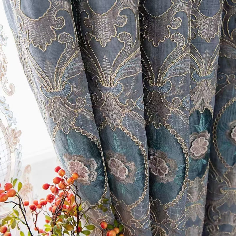 Embroidery Blackout Curtain Chenille Gray High Shading Rate Window Curtains Noble and Elegant Shading Curtains and Sheer for Living Room Bedroom Custom 2 Panels Drapes