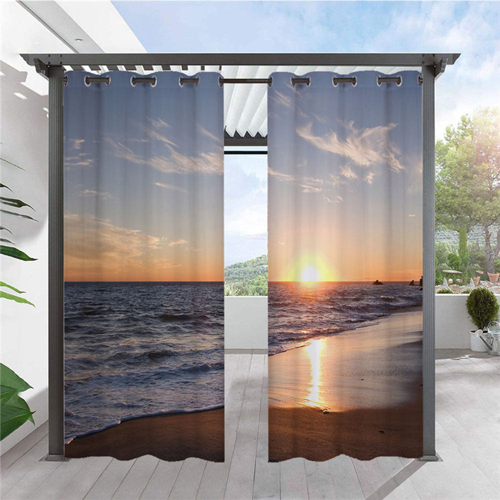 Modern 3D Print Outdoor Curtains Sea and Sunset Grommet Top Cabana Curtain Waterproof Sun-proof Heat-insulating Polyester 2 Panels