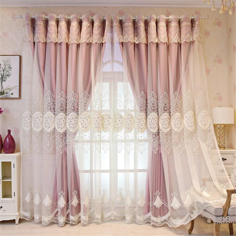 Floral Embroidery Window Curtain Set European Double Curtain Sheer and Lining Blackout Curtains for Living Room Bedroom 2 Panels Drapes Decoration