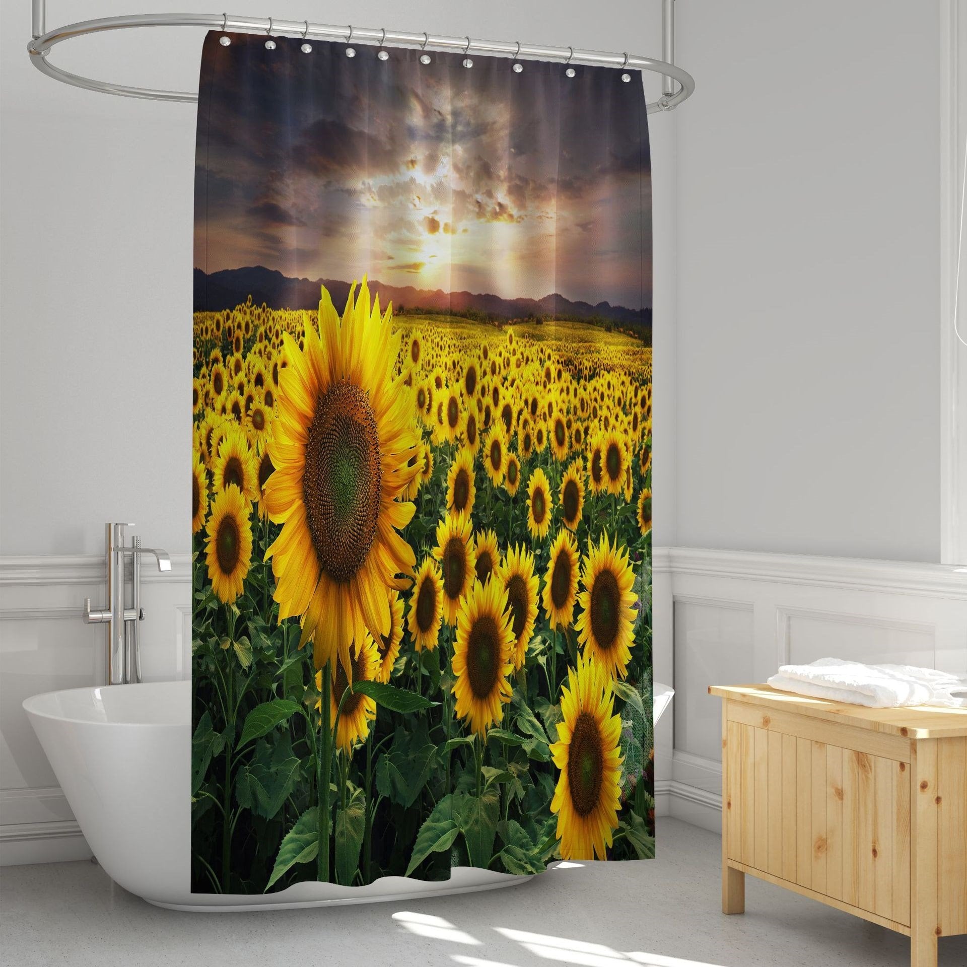 3D Shower Curtain Sunflowers Pattern Bathroom Partition Curtain Set Durable Waterproof Mildew Proof Polyester