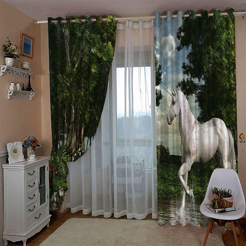 3D Blackout Curtains Horse in Forest Window Treatments Animal and Plant Print Curtains Panels for Living Room Bedroom Window Drapes 2 Panels Set Home Decorations