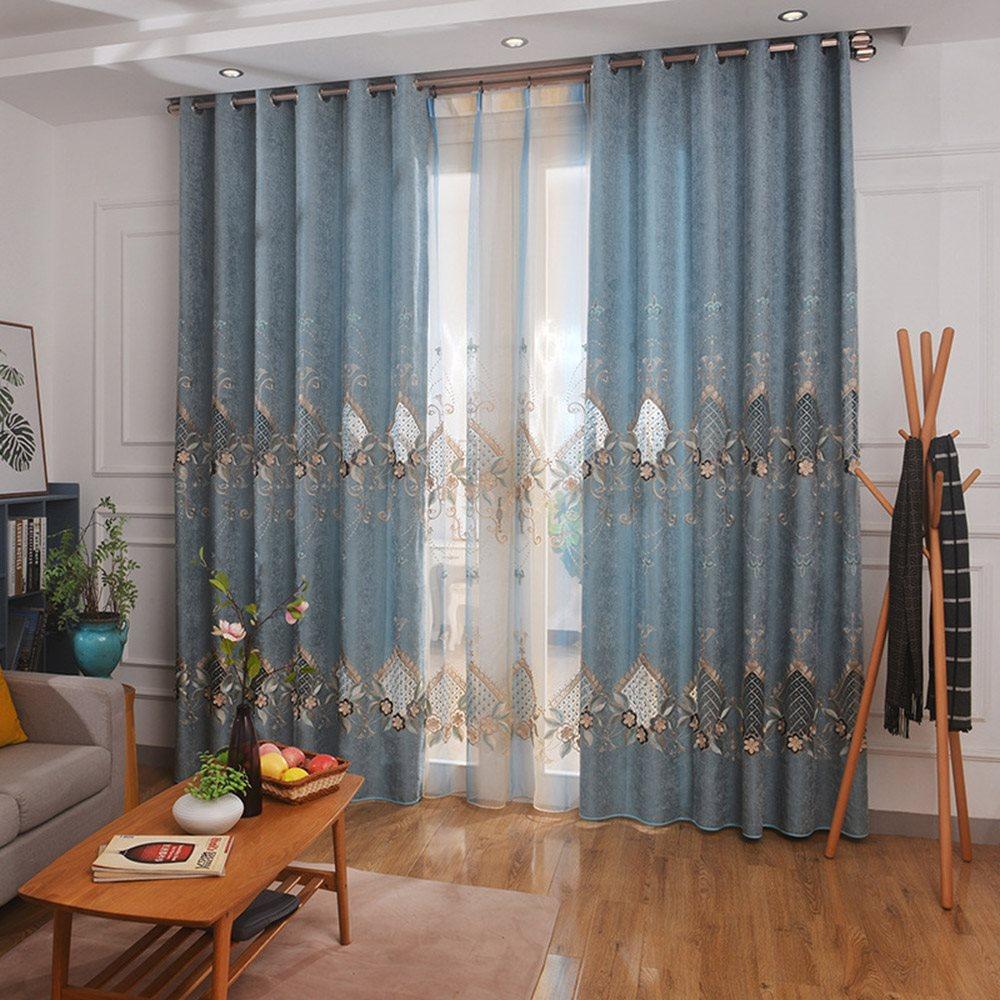 Blue Floral Embroidery Sheer Blackout Curtains Elegant Shading Curtains Chenille Hollow-out Blackout Curtains for Living Room Bedroo Decoration Custom 2 Panels Drapes