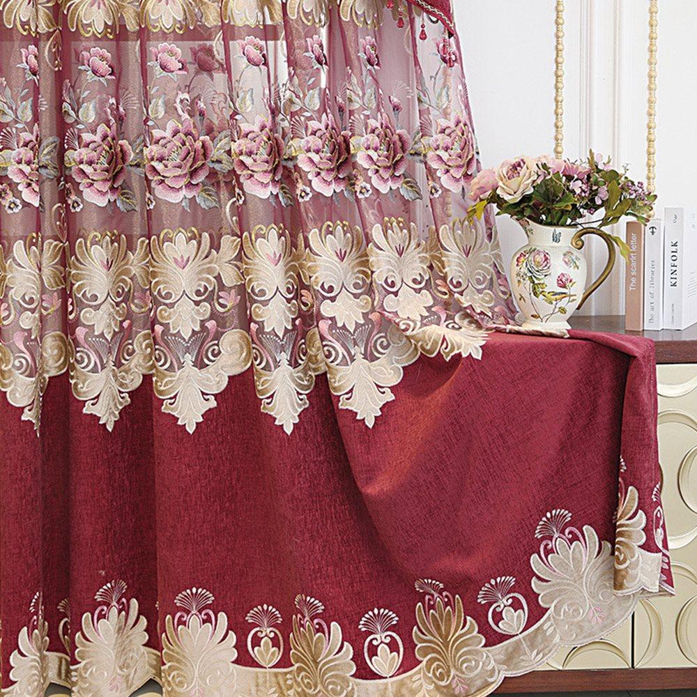 European Red Embroidery Hollowed-out Shading Curtains and Sheer for Living Room Bedroom Decoration High-end Floral Curtains Custom 2 Panels Drapes Chenille