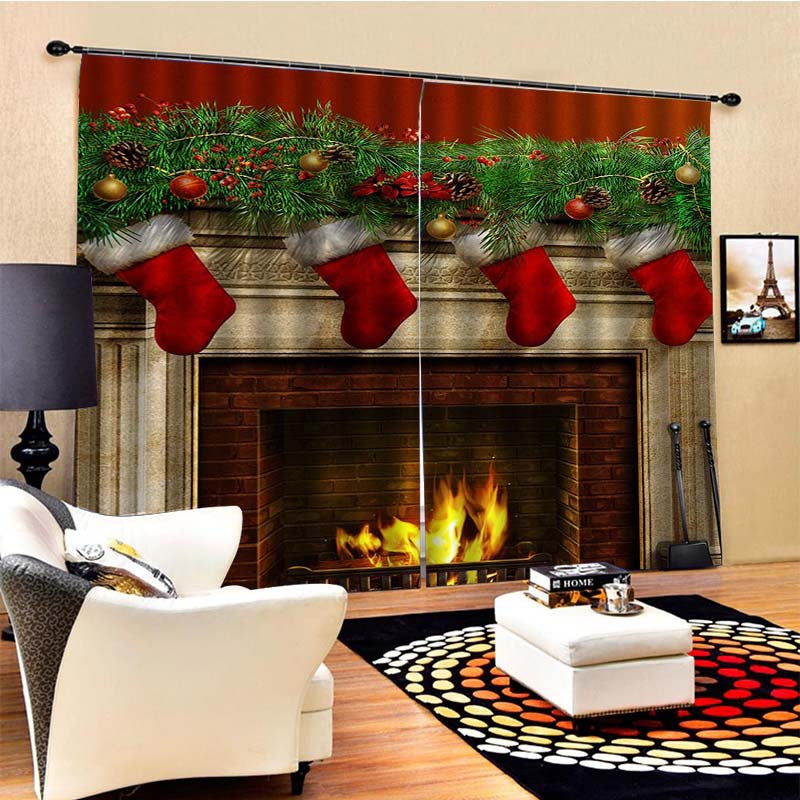 3D Christmas Stockings and Fireplace Print Blackout Decorative Curtains for Living Room Bedroom