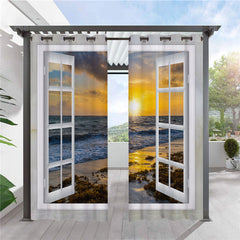 Modern 3D Scenery Outdoor Curtains Sea and Sunset Cabana Grommet Top Curtain Waterproof Sun-proof Heat-insulating 2 Panels