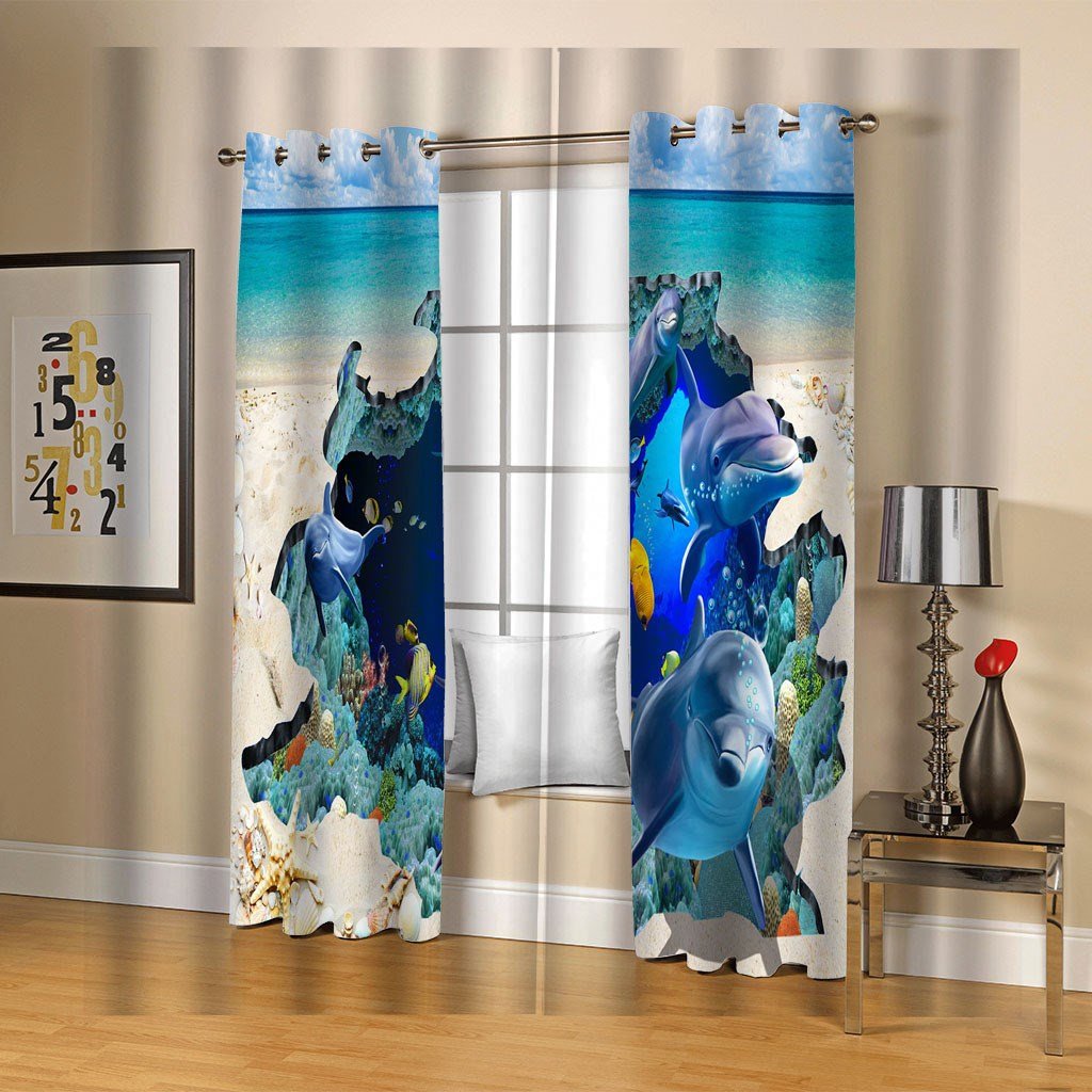 3D Animal Curtains Whales Wonderful Blue Under Sea World and Beach 3D Decorative and Blackout Living Room Curtains