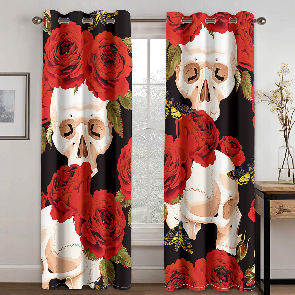 Skull in Red Rose 3D Printed Curtains Blackout Decoration Window Shading Curtain Custom 2 Panels Drapes Polyester