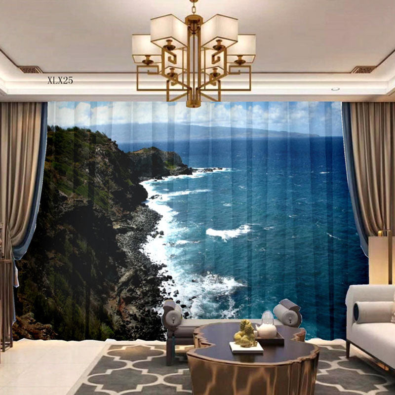 3D Chiffon Air Permeable 2 Panels Decorative Sheer with Fantastic Sea View