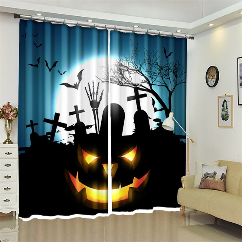 Cartoon Pumpkin And Tomb 3D Polyester Halloween Scene Curtain for Kids Room/Living Room