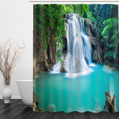 3D Gorgeous Waterfall and Blue Pond Painted Water-proof Decorative Private Bathroom Shower Curtain Bath Mat