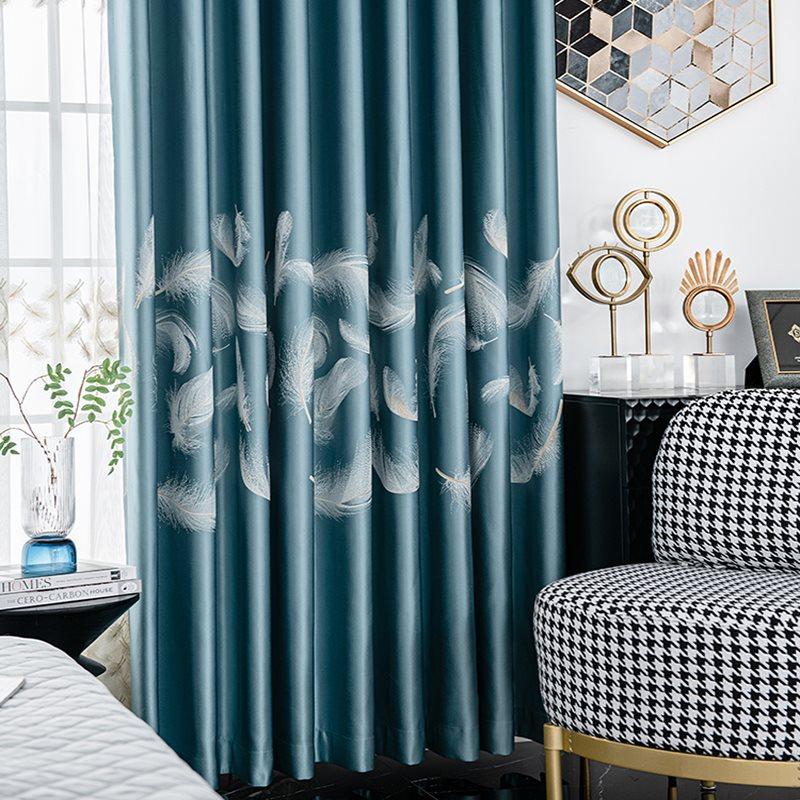 Blackout Curtains Modern Style Feather Pattern Shading Curtains Blue for Living Room Bedroom Window Decoration Custom 2 Panels Drapes Chenille