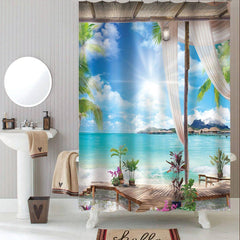 Blue 3D Printed Landscape Shower Curtain Waterproof and Mildewproof Polyester