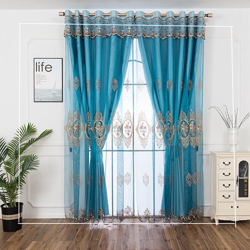 Floral Embroidery Blackout Curtain Sets Sheer and Lining Curtains Full Shading Double Curtains for Living Room Bedroom Decoration Ultraviolet-Proof