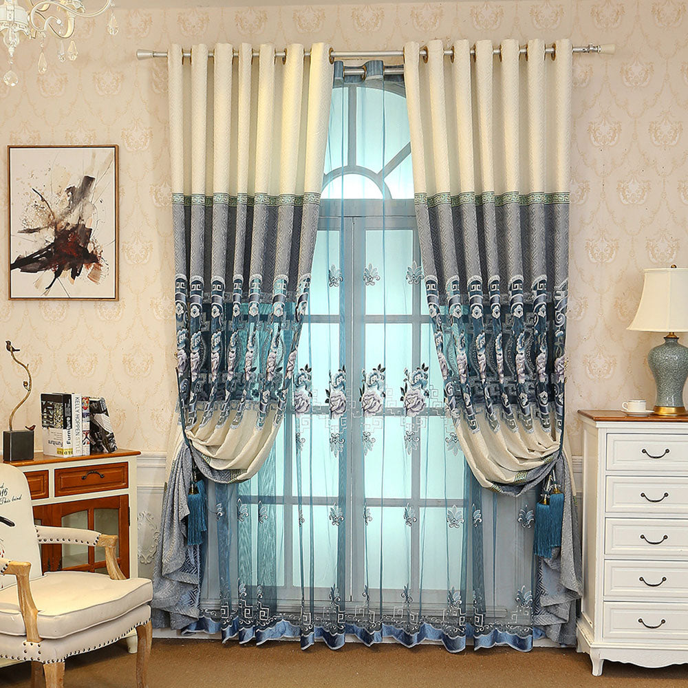 European Elegant Blue Floral Sheer Curtains for Living Room Bedroom Decoration Custom 2 Panels Breathable Voile Drapes No Pilling No Fading No off-lining Polyester