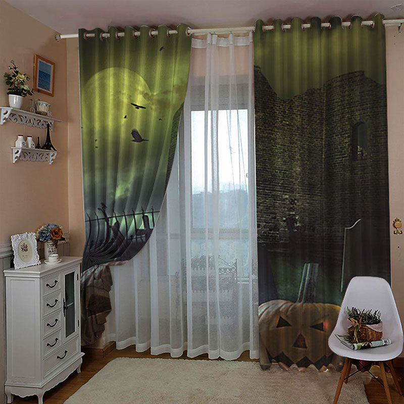 3D Green Halloween Night Pumpkin Printed Blackout Decoration Window Curtains for Living Room and Bedroom Custom 2 Panels Drapes No Pilling No Fading No off-lining