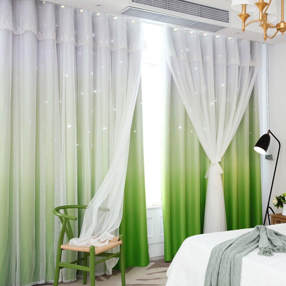 Romantic Princess Color Gradient Star Hollowed-out Custom Blackout Curtain Cloth and Sheer Sewing Together Curtain Set