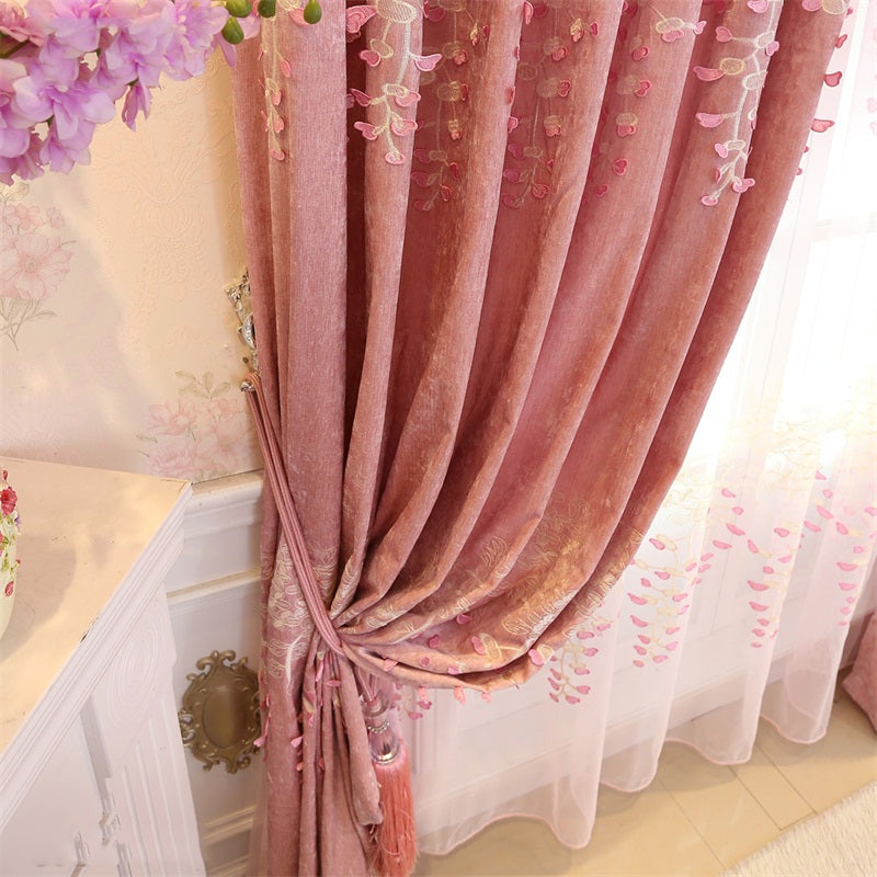 Romantic Pink Color Pastoral Style Embroidered Shading Curtain and Sheer for Bedroom Living Room Finished Product Shading Cloth