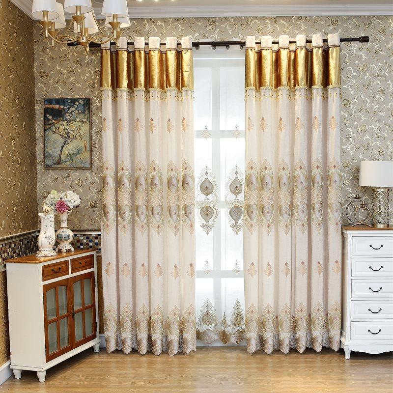 Chenille luxury Blackout Curtains Tulle Elegant Beige European Embroidery Window Curtains Sheer for Living Room Bedroom Set of 2 Panels