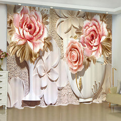 3D Elegant Pink Flowers Printed Artificial Work Decorative Blackout and Dust-proof Custom Curtain for Living Room Bedroom