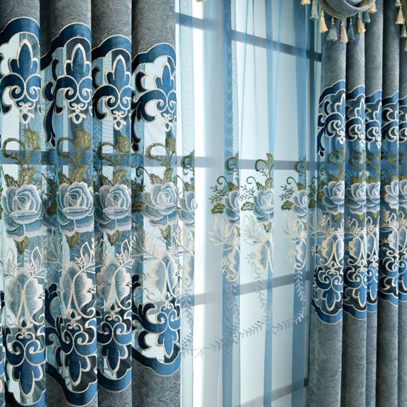 European Vintage Blackout Curtains High Quality Elegant Blue Chenille Embroidery Window Curtains Sheer for Living Room Bedroom 2 Panels Drapes