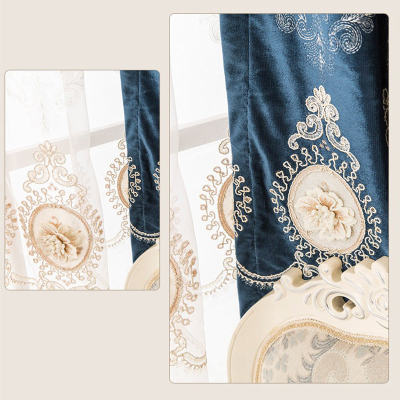 Blackout Curtains European Chenille Thicken Blue Window Curtains Embossed Embroidery Shading Curtains Sheer for Living Room Bedroom Decoration Custom 2 Panels Drapes