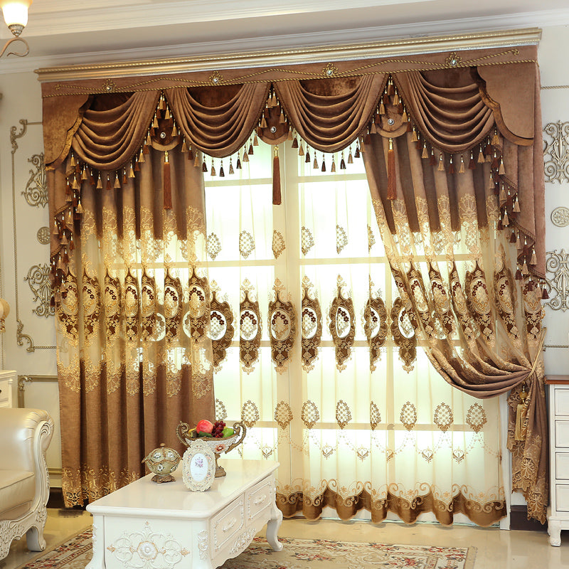 Gold Luxury Elegant Embroidered Chiffon Voile Sheer Curtains for Living Room No off-lining No Fading Net Curtains