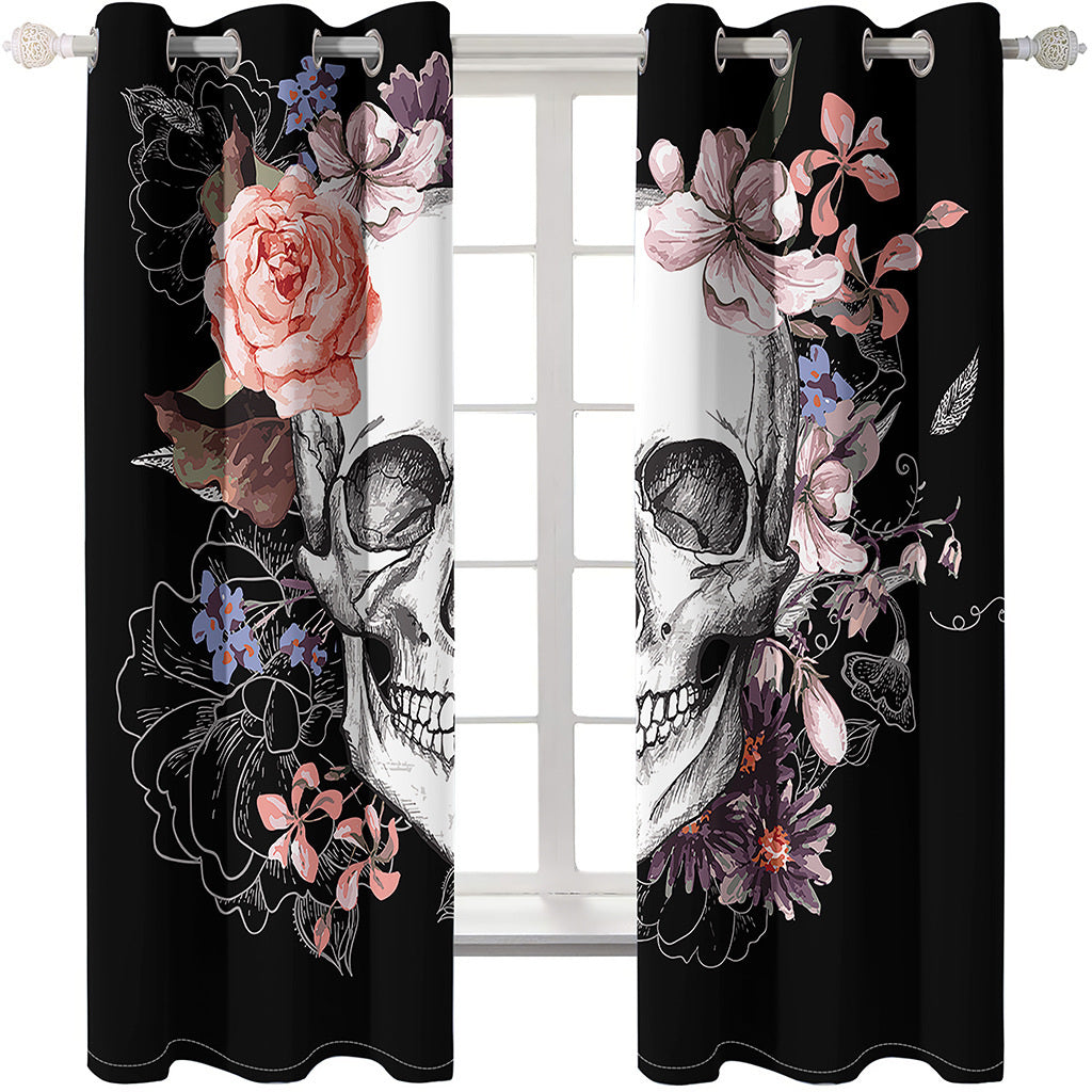 Black Halloween 3D Skull with Flowers Printed Blackout Decoration Window Shading Curtains Custom 2 Panels Drapes