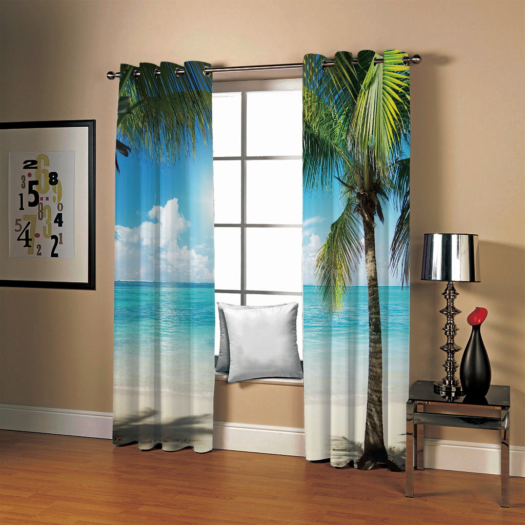 3D Sunny Day Seaside Beach and Coconut Palm Printed Decorative Custom Scenery Curtains