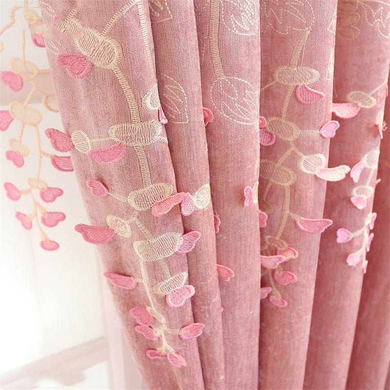 Romantic Pink Color Pastoral Style Embroidered Shading Curtain and Sheer for Bedroom Living Room Finished Product Shading Cloth