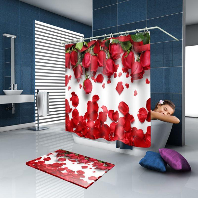 3D Shower Curtain Red Rose Bathroom Partition Shower Curtain Set Durable Waterproof Mildew Proof Polyester