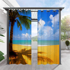 Modern 3D Scenery Outdoor Curtains Blue Sky White Clouds Golden Beach Grommet Top Cabana Curtain Waterproof Sun-proof Heat-insulating Polyester 2 Panels