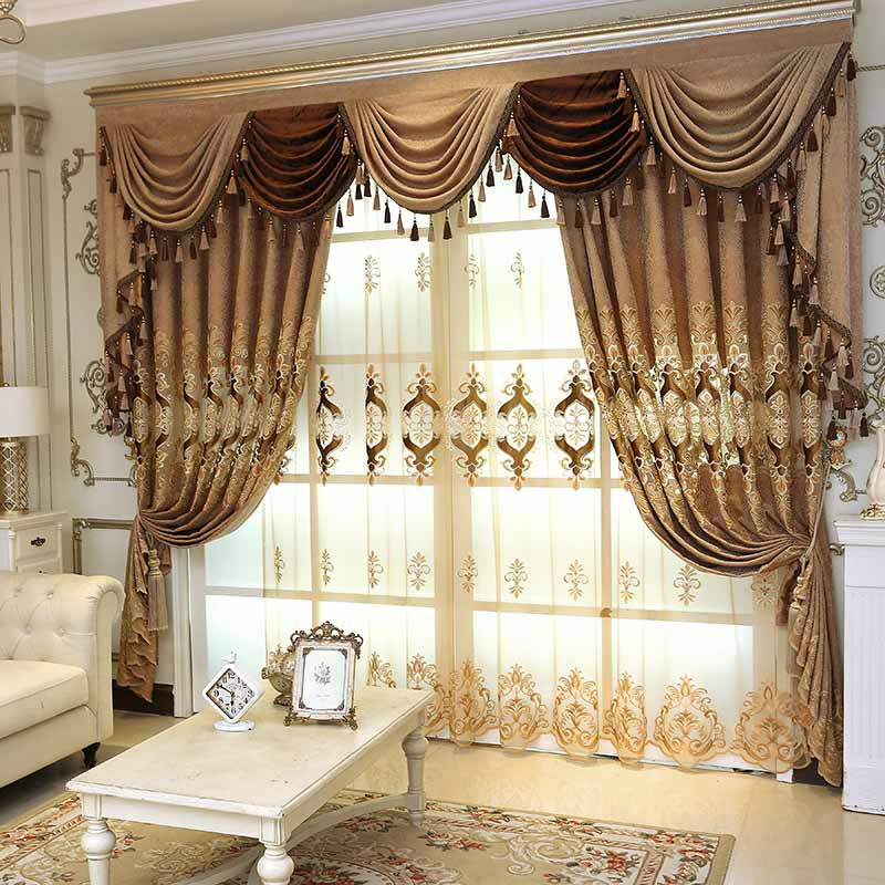 Elegant Embroidery Sheer Curtain Coffee Tulle for Living Room Bedroom Window Decoration Custom 2 Panels Drapes Breathable Voile